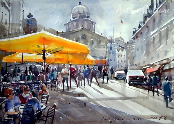 Les cafs de paris, 70 x 50 cm, watercolor on paper, 2020