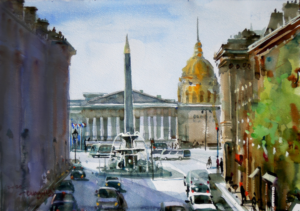 Rue Royale 후와얄르 가, 파리 8구, 49.5 x 35 cm, watercolor on paper, 2020