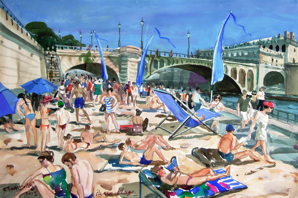 Paris Plage- Parc rives de seine, Paris 센 강변의 파리플라주, 56x38cm, watercolor on paper, 2019