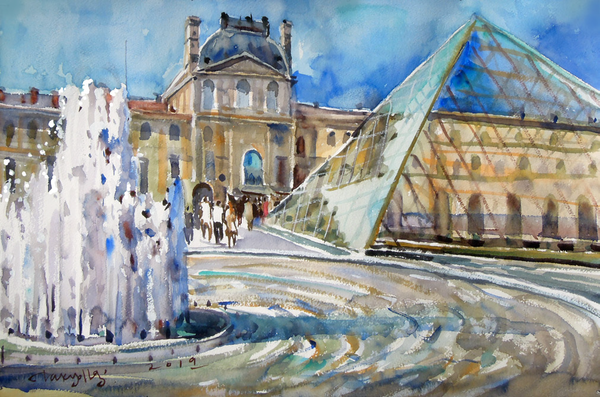 Pyramid et de la Fontaine au Musée du Louvre -Paris, 57 x 38 cm, watercolor on paper, 2019
