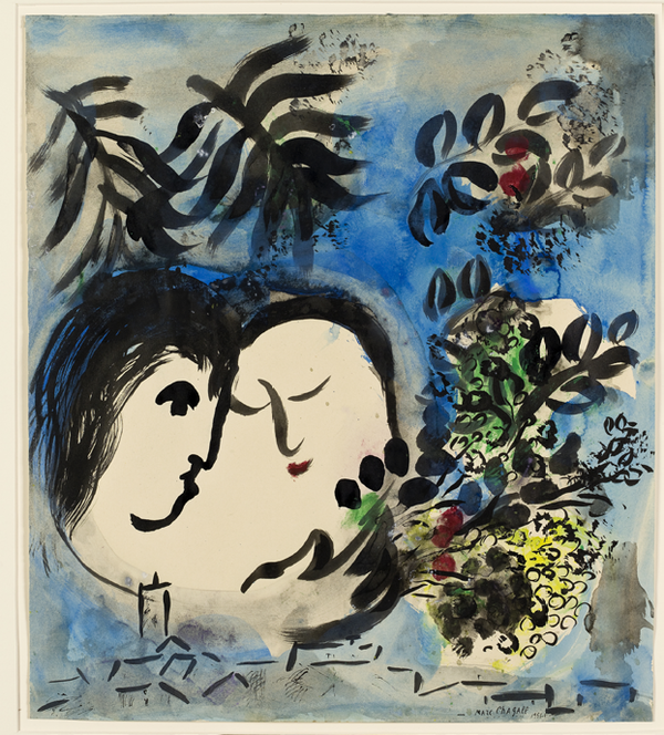 Marc Chagall, The lovers, 1954-55, Gouache, Indiaink, wash and watercolor on paper, The IsraelMuseum Jerusalem by Avshalom Avital© ADAGP,Paris – SACK, Seoul, 2018, Chagall®
