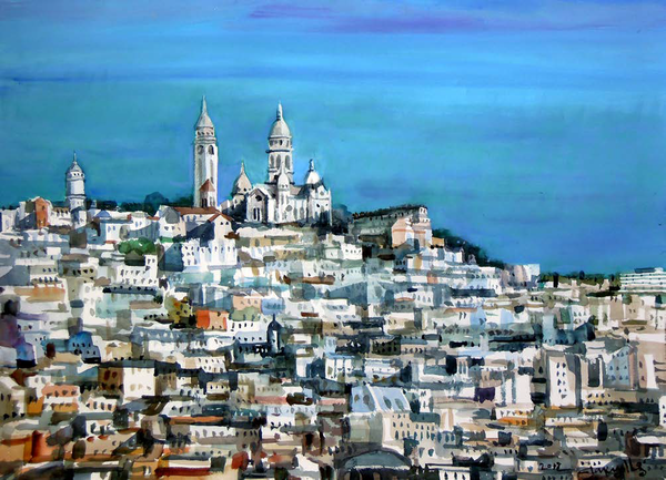 Montmartre, Basilique Sacre Coeur Vue de la Tour Eiffel, Paris, 75.5x56cm, watercolor on paper, 2018