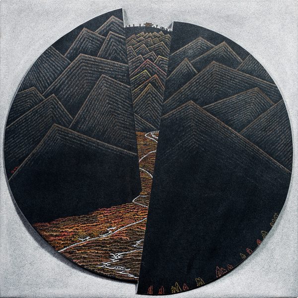 회상, 오석에 조각 채색, 90×90cm, 201