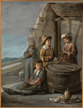 Les frères Le Nain, Louis, Antoine et Mathieu / Enfants avec une cage à oiseaux et un chat / vers 1646 / Huile sur toile / 56.5 x 44cm / Karlsruhe, Staatliche Kunsthalle Karlsruhe / Photo © BPK, Berlin, / Dist. RMN- Grand Palais / Annette Fischer / Heike Kohler