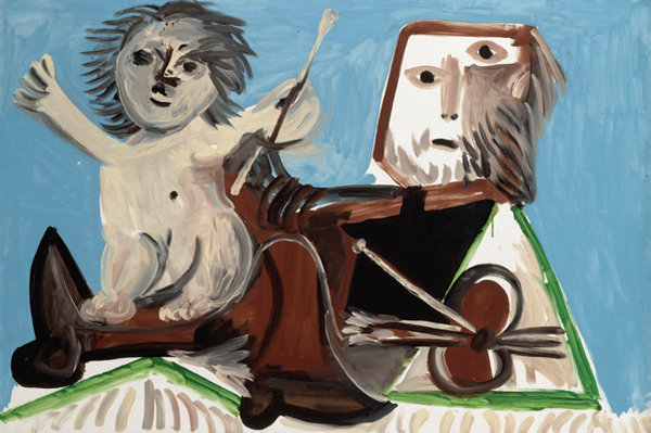 Pablo Picasso / Le Peintre et l’enfant / 21 octobre 1969 / Huile sur toile / 130 × 195cm / Dation en 1990 / MP 1990-36 / Prêt du musée national Picasso, Paris / Photo © RMN-Grand Palais (musée Picasso de Paris) / Jean-Gilles Berizzi © Succession Picasso 2016