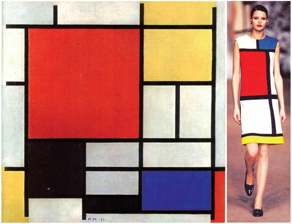 좌. 몬드리안의 작품 Composition II in Red, Blue, and Yellow, 1930우. 이브 생 로랑의 몬드리안 드레스