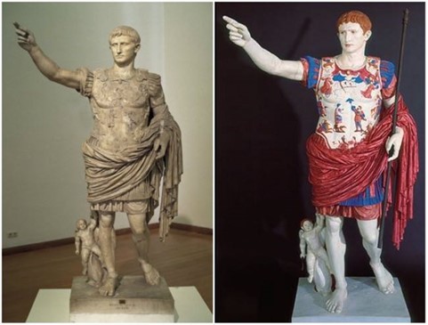 Imperor Augustus, today ( left side)- How it was  originally - Rome Vatican  Museums- I Century AC
