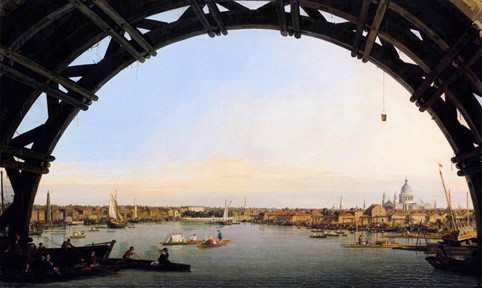 View of Thames River and London from one arc of Westminster Bridge (1747, Private Collection)