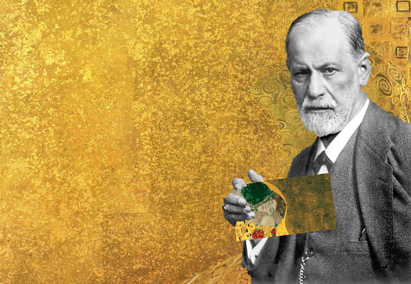 오스트리아 화가 클림트의 작품 ‘The Kiss’를 들고 있는 프로이트