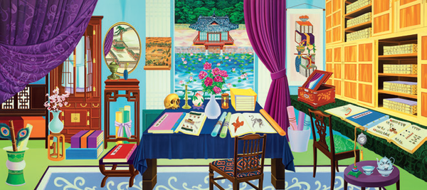 규장각(奎章閣) 안에서 부용정(芙蓉亭)을 바라다보다, oil on linen, 200x450cm, 2014
