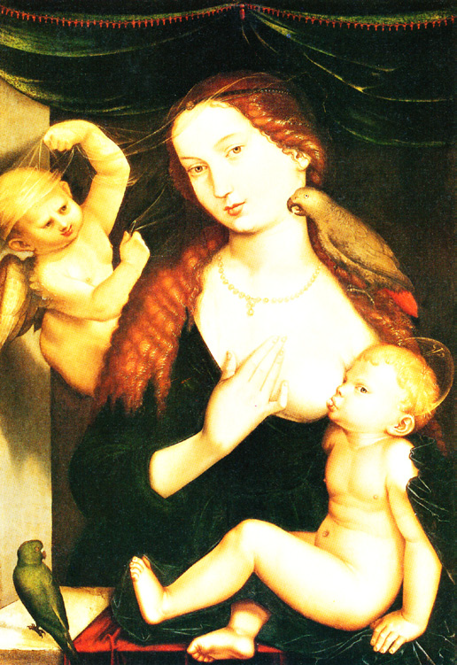 한스 발둥 그린, 앵무새와 함께 있는 성모자, 1525/27, 나무에 유채, 91.5x;63.2cm, 뉘렌베르크, 국립독일박물관