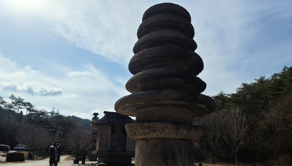 원형다층석탑, 뒤로 석조불감이 보인다.