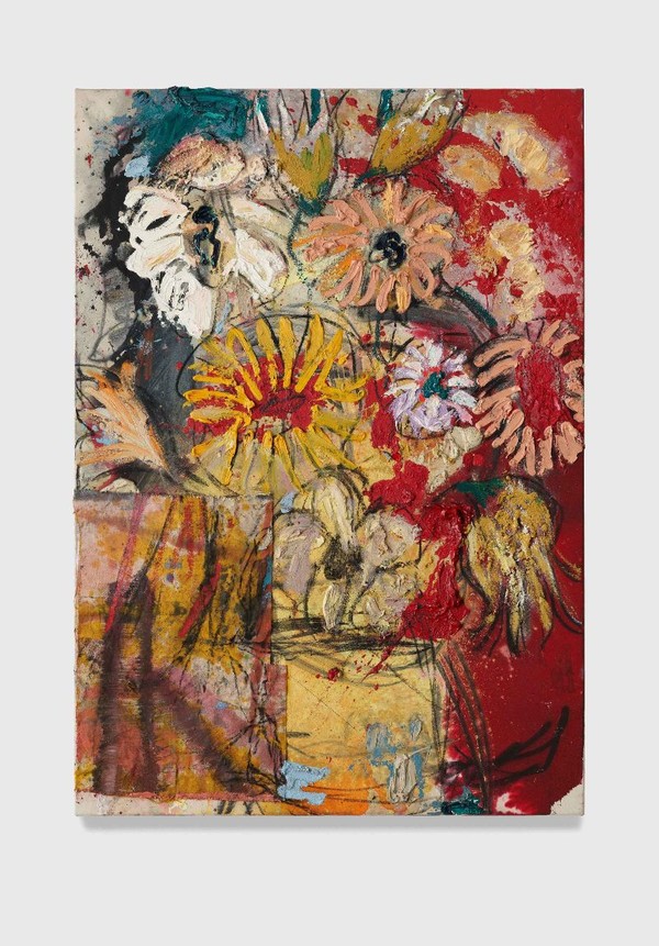 Daniel Crews-Chubb, Flowers 10 (red and yellow), 2021, Oil, acrylic, ink, pastel, charcoal, spray paint, pumice gel and collaged fabrics on canvas, 100 x 70 cm