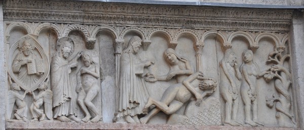 Cathedral- Low-reliev of Wiligelmo-1099- Creation of Adam- Eva- Modena – Italy