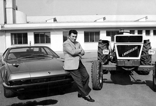 Ferruccio Lamborghini with the first Lamborghini