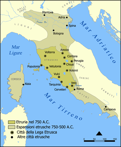 Etruria and the Etruscan civilization. The map includes the 12 cities of the Etruscan League and notable cities founded by the Etruscans.