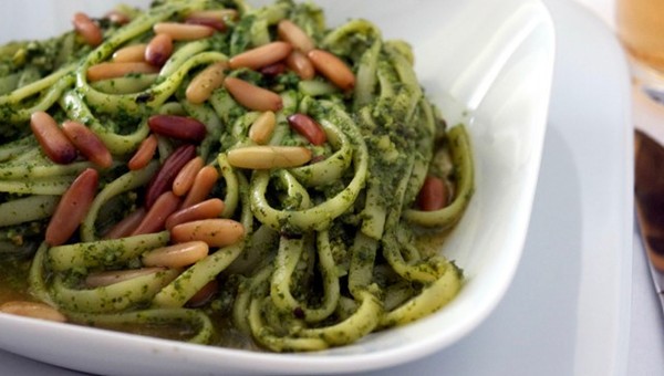 Typical Ligurian pasta with basil pesto