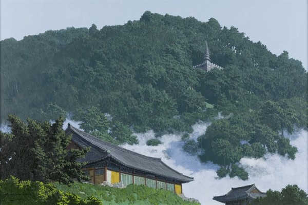 정암사의 여름, 장이규 (사진출처  갤러리뫼비우스 김곤선 전시기획자)멀리 산 중턱에 수마노탑이 보인다.