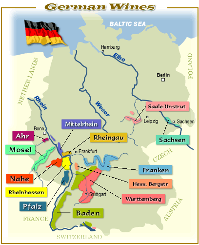 German Wine regions. Rheingau marked in dark yellow color.