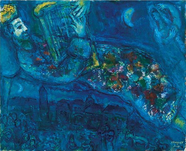 Marc Chagall , Le Roi David en Bleu, Oil on Canvas, 1967, 65 × 81 cm, Private Collection, © Marc Chagall / ADAGP, Paris – SACK, Seoul, 2021