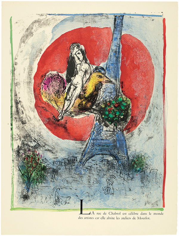 Marc Chagall, Les Amoureux de la Tour Eiffel, 2 e et dernier état , 1960, M.187,Color lithograph, 66.3 x 50.6 cm, © Marc Chagall / ADAGP, Paris – SACK, Seoul, 2021