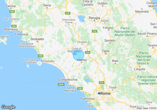 Map of central Italy. The town of Montefiascone in the colored circle north of Rome.