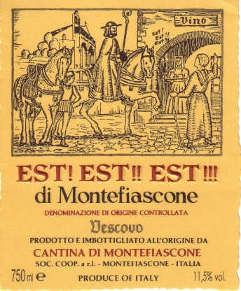 Label of Est! Est!! Est!!! wine bottles with the engraving depicting Bishop Johannes Defuk on horseback