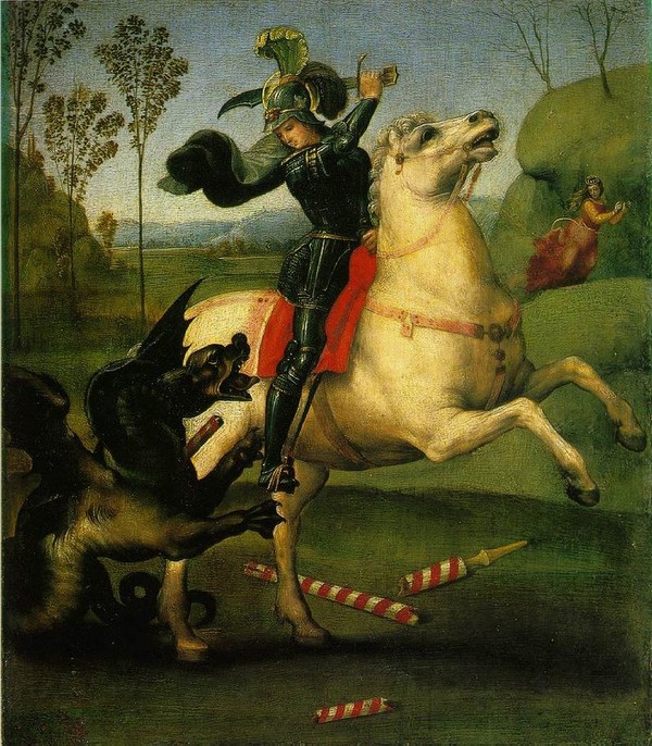 Saint George and the Dragon, a small work (29 x 21 cm) for the court of Urbino (Louvre)