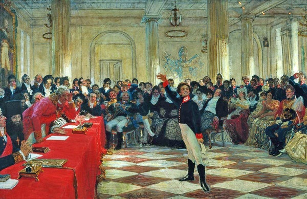 ​Pushkin recites his poem before Gavrila Derzhavin during an exam in the Tsarskoye Selo Lyceum on January 8th, 1815_Ilya Repin(1911)​
