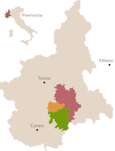 Piemonte region, north-western Italy. Monferrato (in red); Roero (in yellow ocher) and Langhe (in green, the three renowned Piedmontese wine areas.