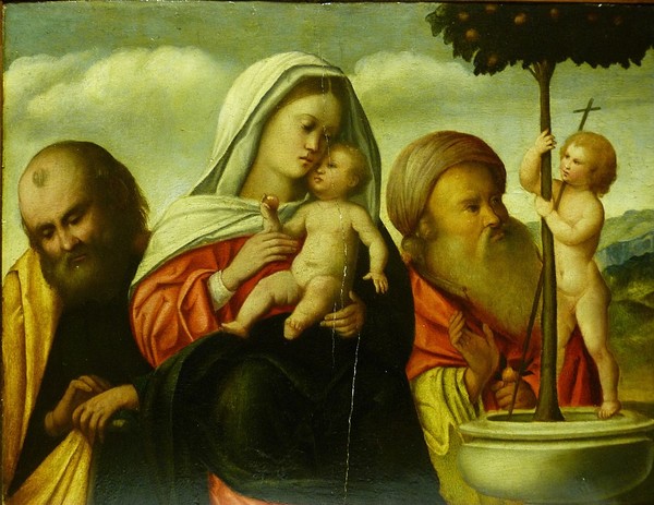 Madonna with child, infant St. John and St. Joseph c.1490, St. John on the small tree mirroring the enigmatic child in the Holy Allegory
