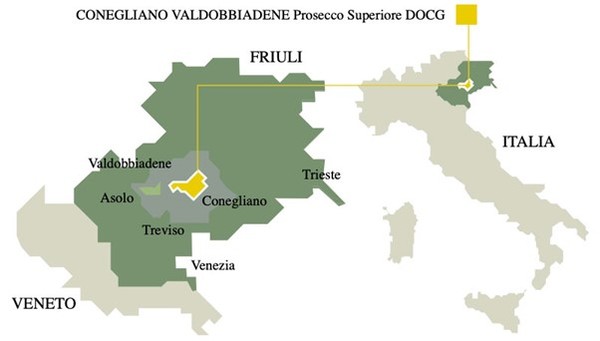 The Italian regions Veneto and Friuli-Venezia Giulia with Prosecco wine areas in yellow. Photo Credits www.vinore.it