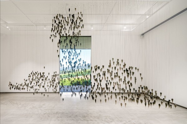Yhonnie Scarce, Cloud Chamber 2020. Installation view, Looking Glass: Judy Watson and Yhonnie Scarce, Tarra Warra Museum of Art, Healesville. 1000 blown glass yams, stainless steel and reinforcedwire. Courtesy of the artist and THIS IS NO FANTASY. Photo: Andrew Curtis.