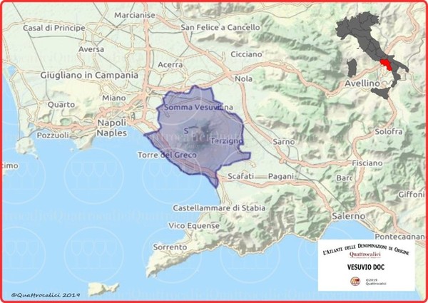 Lacryma Christi wine is produced in the towns around Mount Vesuvius (dark gray on the map). Photo Credits: www.quattrocalici.it