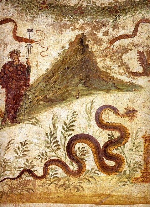 A fresco depicting Bacchus, God of wine, with Mount Vesuvius behind him, from the House of Centenary, Pompeii. Photo Credits: www.wikipedia.org