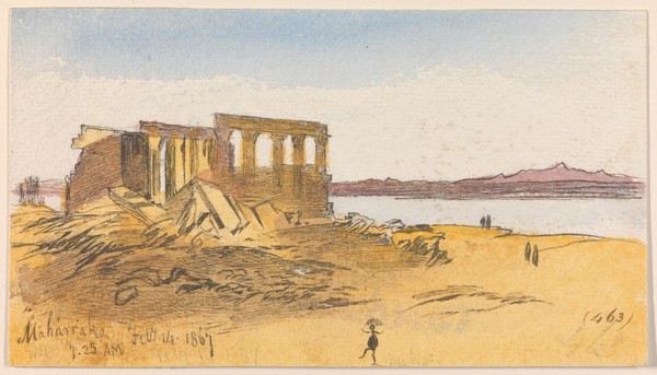 Edward Lear (1812–1888), Maharraka, 7:25 am, 14 February 1867 (463).Watercolour, pen and brown ink, and graphite, 9.8 × 17.5 cm.Yale Centre for British Art, Gift of Donald C Gallup, Yale BA 1934, PhD 1939.