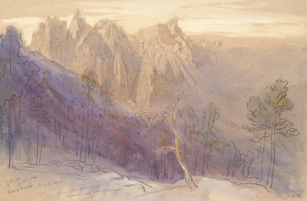 Edward Lear, (1812–1888), The Forest of Bavella, Corsica, 7:10 am, 29 April 1868.Pen and ink and watercolour on buff paper, 63.5 x 80 cm.Private collection. Photo Credit: Woolley and Wallis Salerooms Ltd.