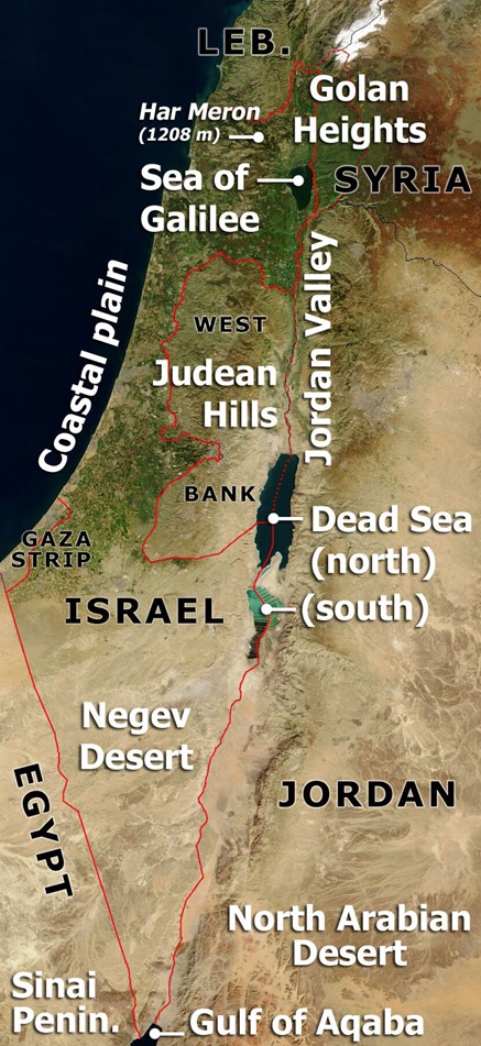 a satellite image of Israel, with the West Bank and the Golan Heights. Photo Credits: www.wikipedia.org
