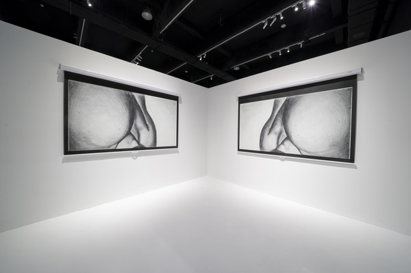 Body Part b&w, 2018–2020, Oil pastel on repurposed projector screen 123 x 222 x 8 cm, Courtesy the artist and Zeno X Gallery, Antwerp"Martin Margiela at M WOODS", Installation View, 2022, M WOODS Hutong, Beijing. Photo by Zhao Yihan, Tian Yu. © MWOODS