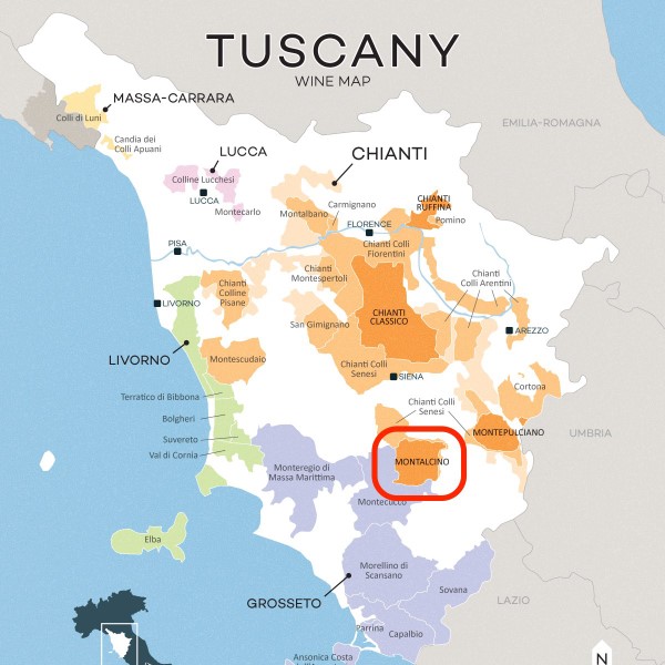 Tuscany region wine map with Brunello di Montalcino area circled in red. Photo credits: www.newmanwinerevue.com