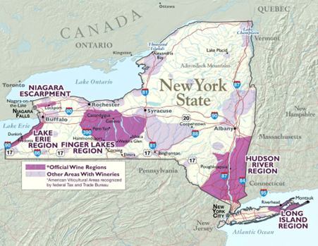 New York State wine regions. Map by the New York Wine and Grape Foundation. Photo credits: www.winesvinesanalytics.com / www.blogwine.riversrunby.net / www.newyorkwines.org