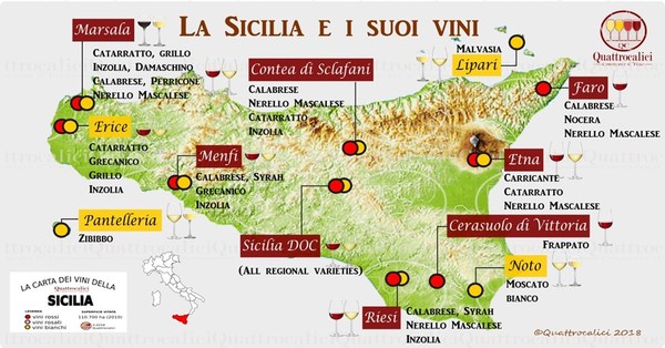 Map of Sicilian wine areas. Mount Etna is in the eastern part of the island. Photo Credits www.quattrocalici.it