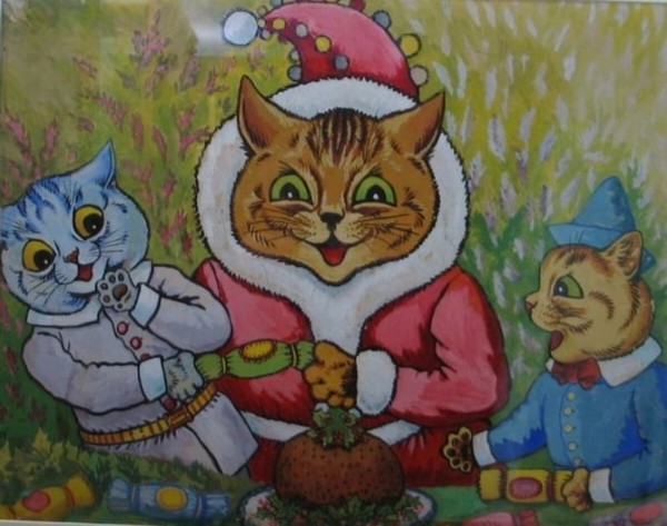 Louis Wain, Three Cats and Plum Pudding ca. 1935 Gouache on card