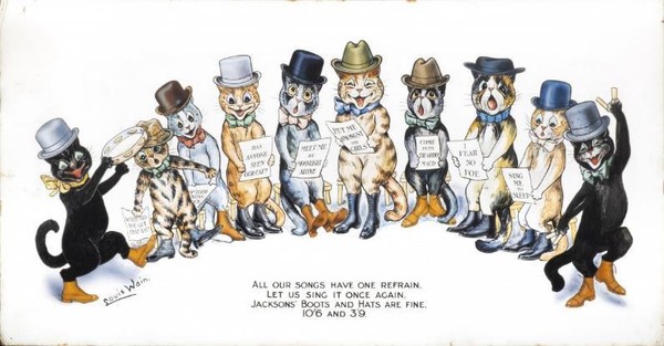 Louis Wain, Jackson's boots and hats are fine, Watercolour bodycolour and ink 17 x 33 inches