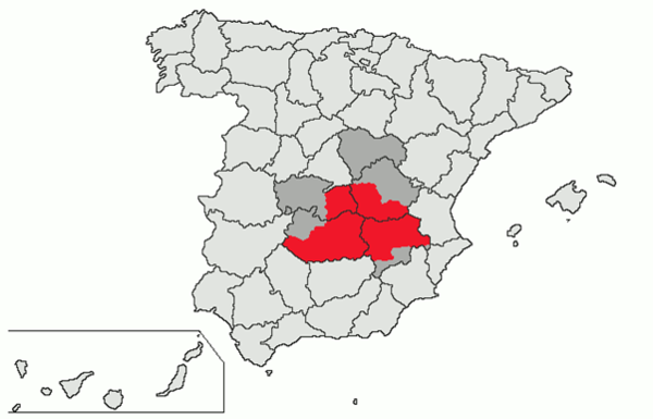 Spain: La Mancha with its wine areas in red. The other parts of Castilla-La Mancha autonomous region in dark grey. Photo Credits: CC BY-SA 3.0 www.wikipedia.org