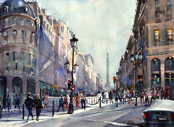 Place de l'Opéra Paris, 76.5 x 56.5 cm, watercolor on paper, 2023