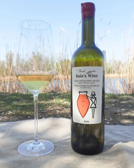 A bottle of white wine from Imereti region, Georgia. The old kvevri clay vessel, still used in Georgia for winemaking, can be seen on the label. Photo Credits www.winencsy.com