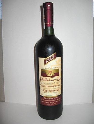 Kindzmarauli, a red wine made from Saperavi grapes in the mountainous areas of Khaketi region. It has a complex bouquet and aroma and a harmonious taste. Photo Credits CC BY-SA 3.0 www.wikipedia.org