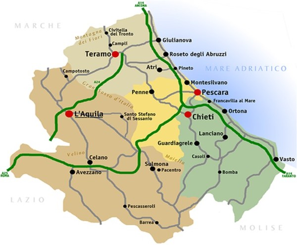 Abruzzo region in detail with its four main cities, L’Aquila, Teramo, Chieti, Pescara, where Montepulciano wine is produced. Photo Credits: CC BY-SA 3.0 – www.wikipedia.org