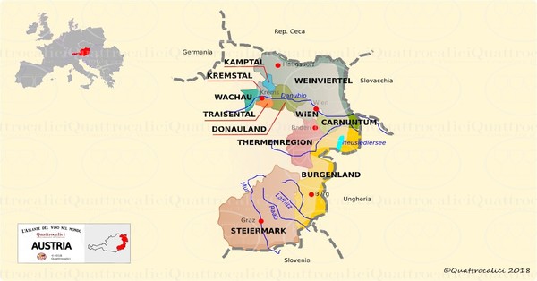 The main wine-growing areas in Austria. Photo Credits: www.quattrocalici.it